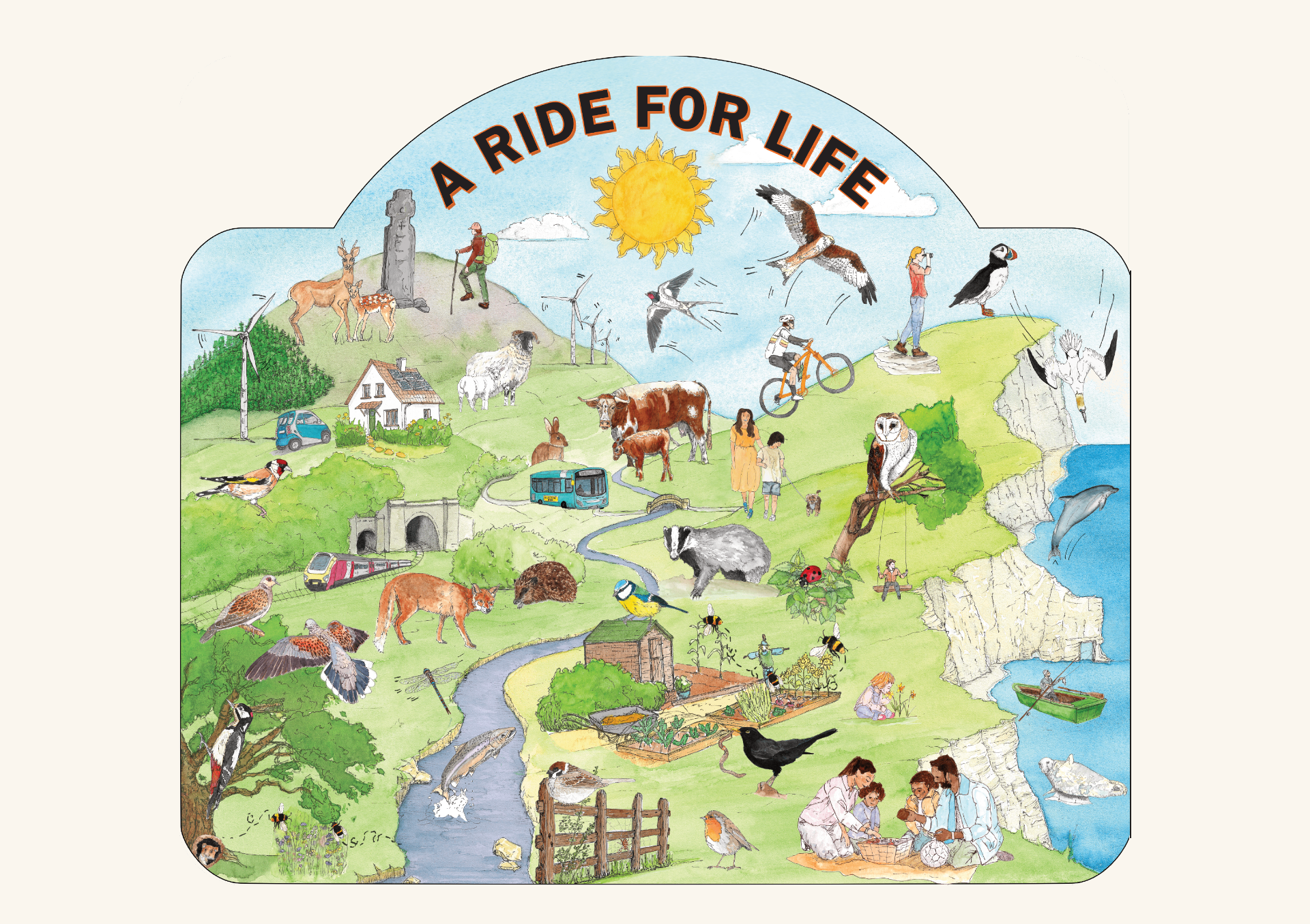 A Ride For Life - illustrated North York Moors landscape with wildlife, people and green living features